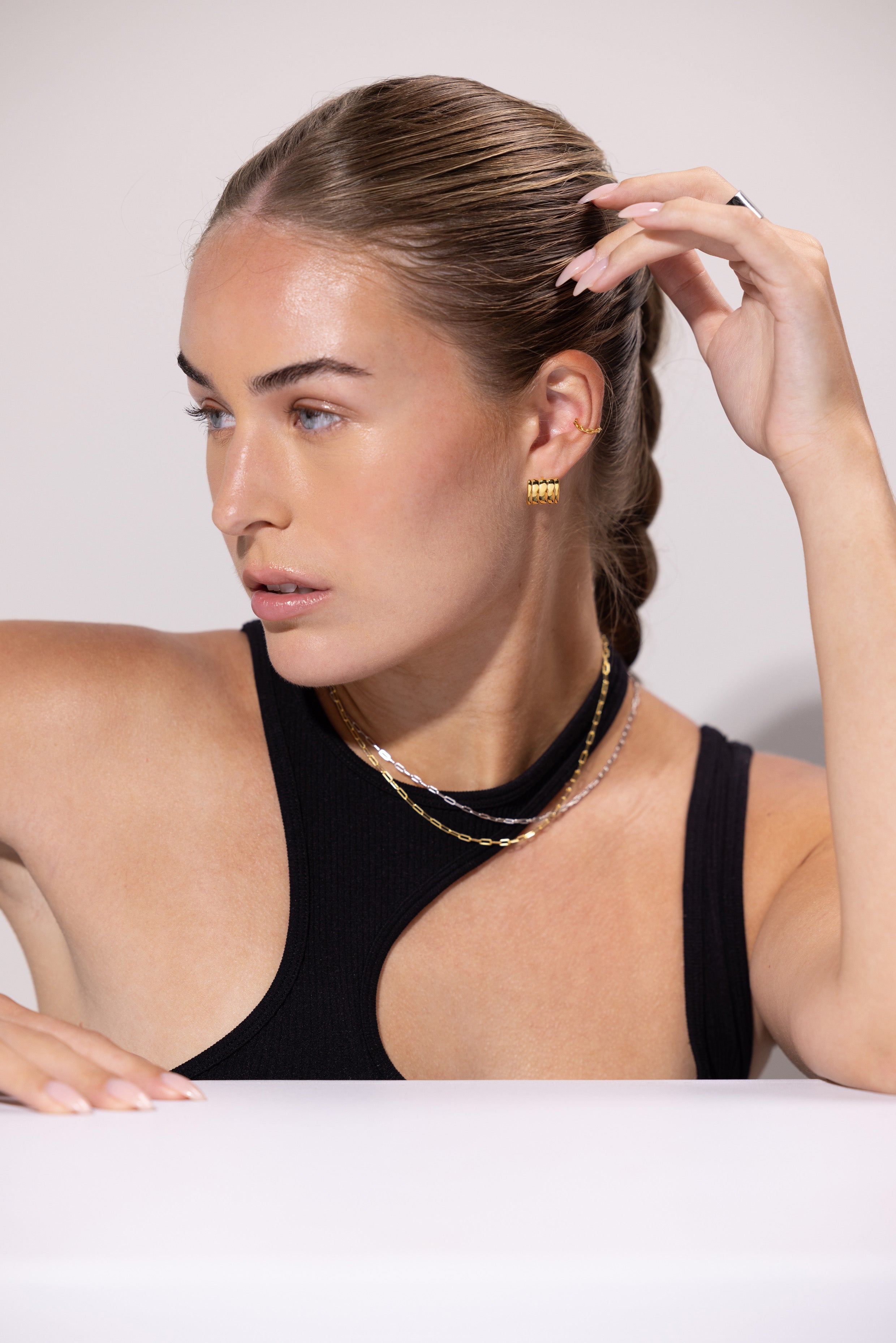 women wearing Chunky Striped Earrings - Gold