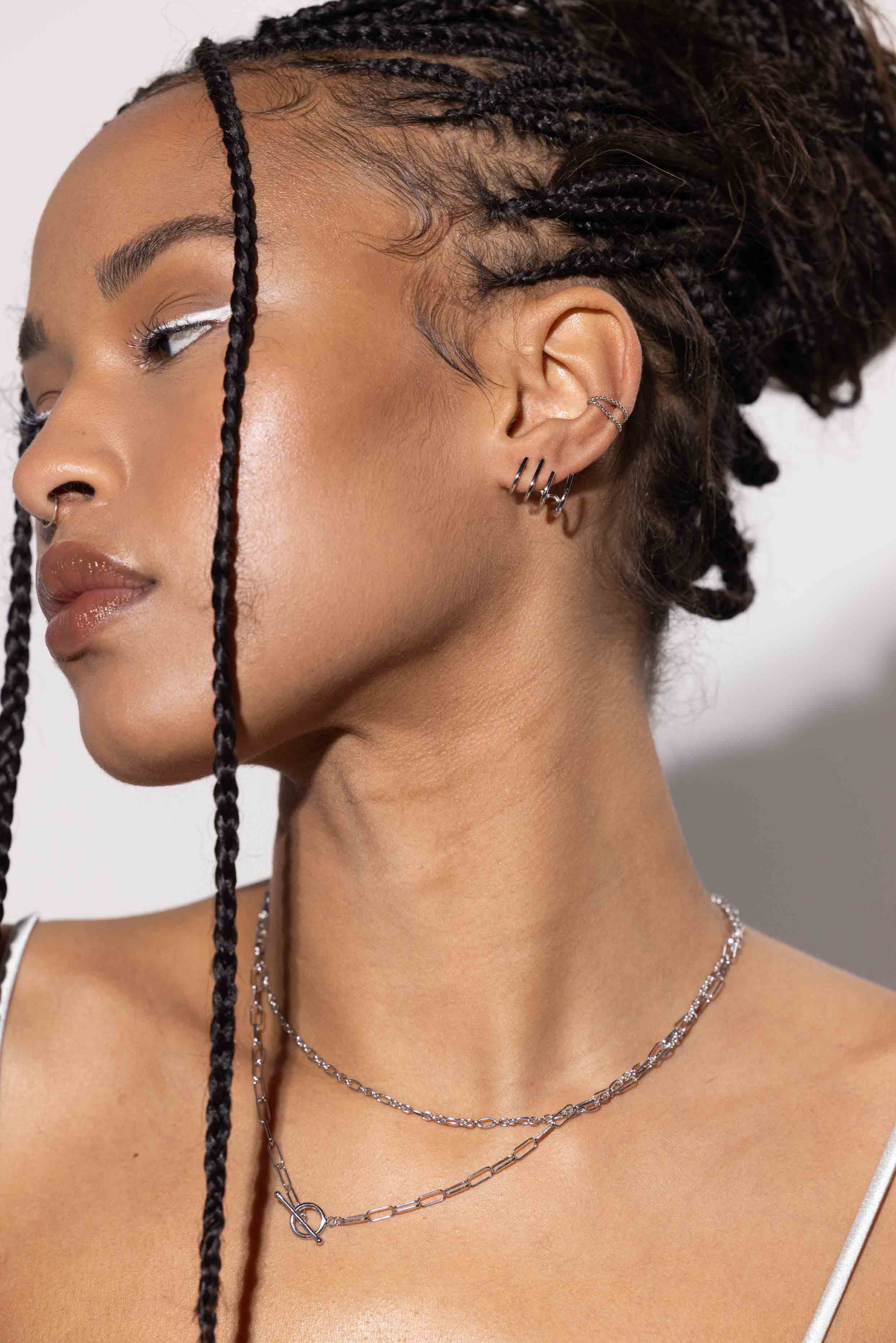 Beaded Double Layer Ear Cuff - Silver