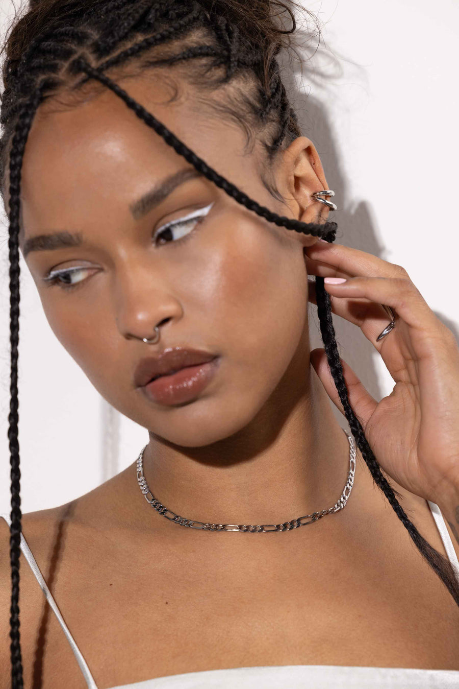 Women Wearing Double Hoop Silver Ear Cuff